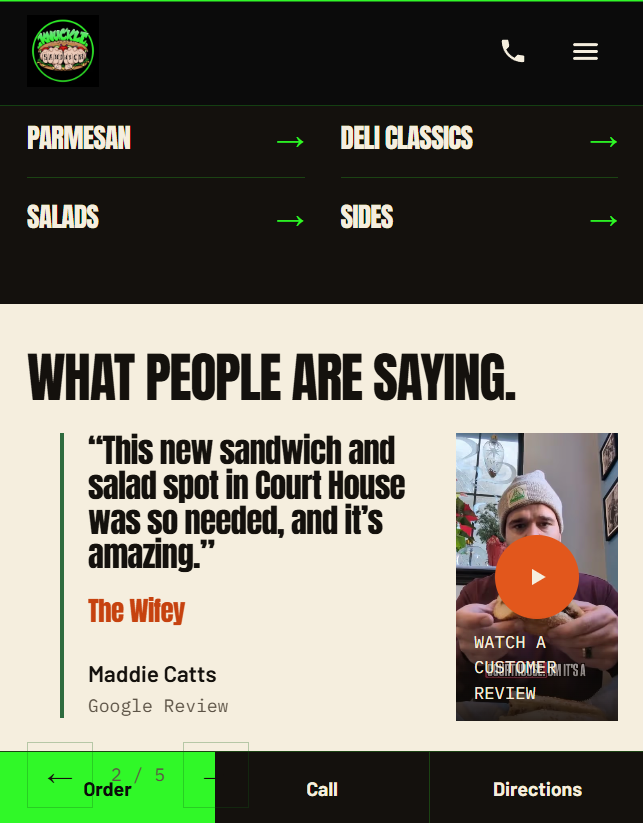 Knuckle Sandwich Deli mobile menu categories and customer review content