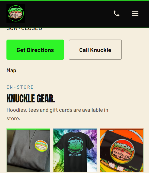 Knuckle Sandwich Deli mobile visit details and merchandise content